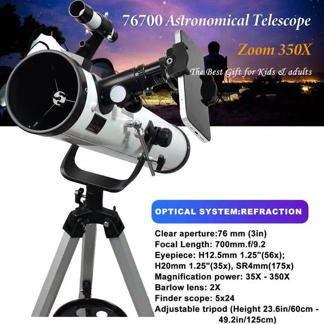 Alt view image 2 of 6 - Astronomical Reflector Telescopes,76mm Aperture 700mm Focal Length Telescope(35X-525X) for Beginners,Portable Travel Telescope with Remote Control, Eyepieces,Barlow Lens,Moon Filter,Phone Adapter