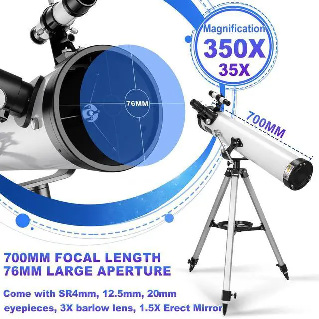 Alt view image 3 of 6 - Astronomical Reflector Telescopes,76mm Aperture 700mm Focal Length Telescope(35X-525X) for Beginners,Portable Travel Telescope with Remote Control, Eyepieces,Barlow Lens,Moon Filter,Phone Adapter