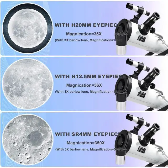 Alt view image 5 of 6 - Astronomical Reflector Telescopes,76mm Aperture 700mm Focal Length Telescope(35X-525X) for Beginners,Portable Travel Telescope with Remote Control, Eyepieces,Barlow Lens,Moon Filter,Phone Adapter
