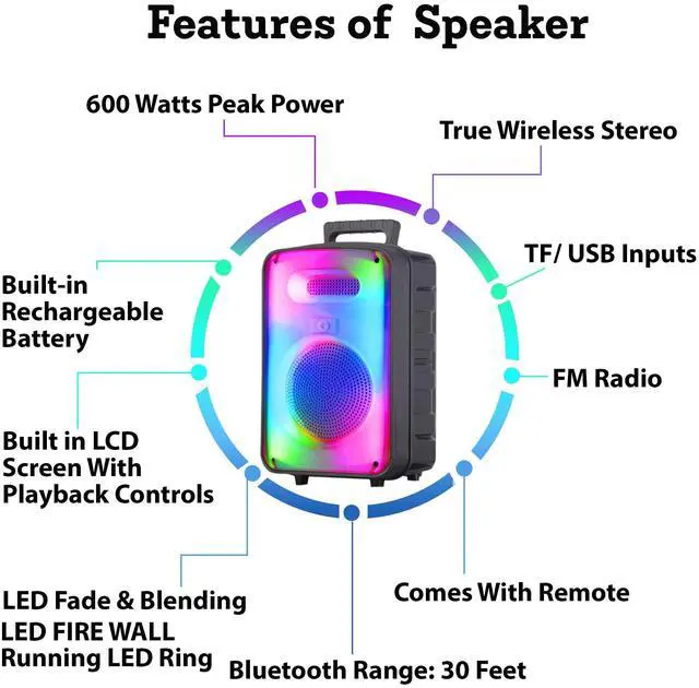 Alt view image 3 of 6 - 600 Watts Rechargeable 8 Inch Two Way Bluetooth Loudspeaker with LED Glow Wall, FM Radio, USB, TWS Stereo Sound, Carry Handles, Wireless Mic, and Remote Included