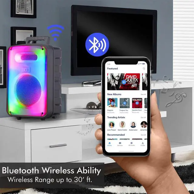 Alt view image 4 of 6 - 600 Watts Rechargeable 8 Inch Two Way Bluetooth Loudspeaker with LED Glow Wall, FM Radio, USB, TWS Stereo Sound, Carry Handles, Wireless Mic, and Remote Included