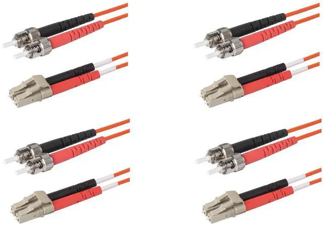 Main image of 4-Pack 10 Meter ST to LC Fiber Optic Patch Cable, Red and Black Boots, Corning InfiniCor Multimode OM1 62.5/125um Optical Fiber, Duplex Orange Riser OFNR Cable Jacket