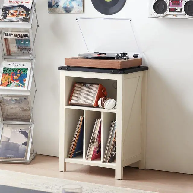 Alt view image 3 of 5 - Record Player Stand with Vinyl Record Storage Holds up to 160 Albums,Large Wood Record Player Table,White Turntable Stand Cabinet Dispaly Shelf for Living Room,Bedroom,Office