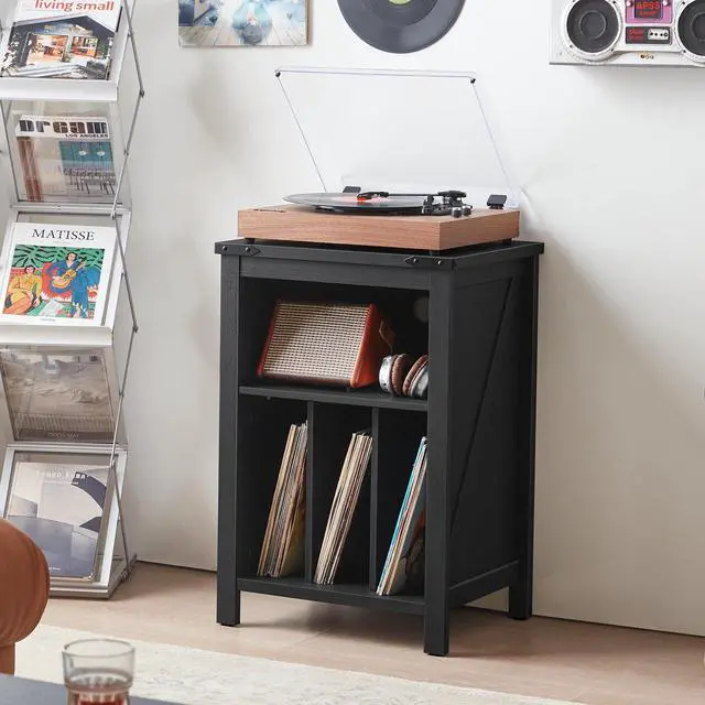 Alt view image 3 of 5 - Record Player Stand with Vinyl Record Storage - Holds up to 160 Albums, Large Wooden Turntable Table, Black Cabinet Display Shelf for Living Room, Bedroom, Office