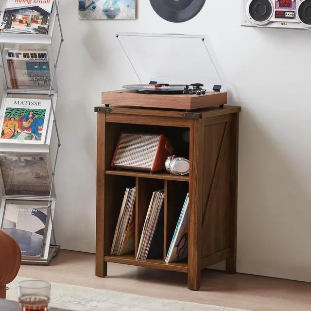 Alt view image 3 of 5 - Record Player Stand with Vinyl Record Storage Holds up to 160 Albums,Large Wood Record Player Table,Brown Turntable Stand Cabinet Dispaly Shelf for Living Room,Bedroom,Office