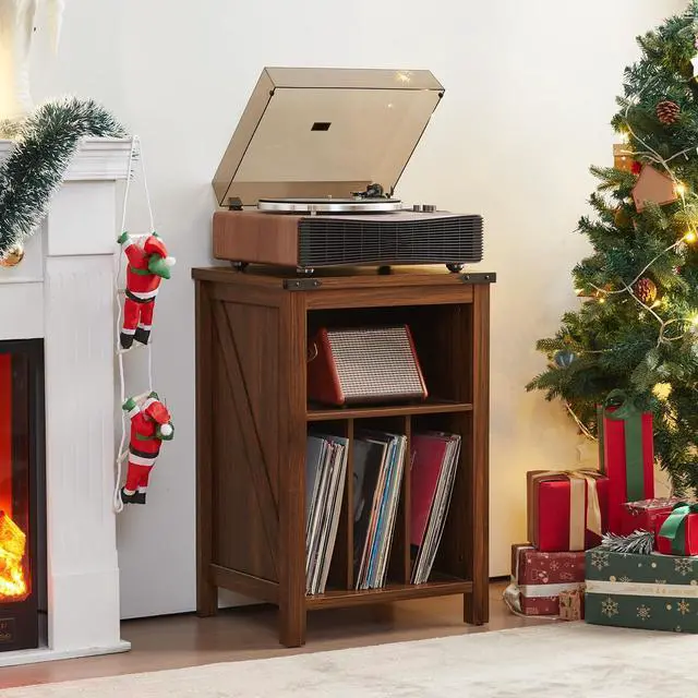 Alt view image 4 of 5 - Record Player Stand with Vinyl Record Storage Holds up to 160 Albums,Large Wood Record Player Table,Brown Turntable Stand Cabinet Dispaly Shelf for Living Room,Bedroom,Office