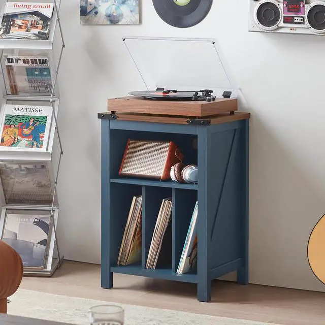 Alt view image 3 of 5 - Record Player Stand with Vinyl Record Storage Holds up to 160 Albums,Large Wood Record Player Table,Blue Turntable Stand Cabinet Dispaly Shelf for Living Room,Bedroom,Office