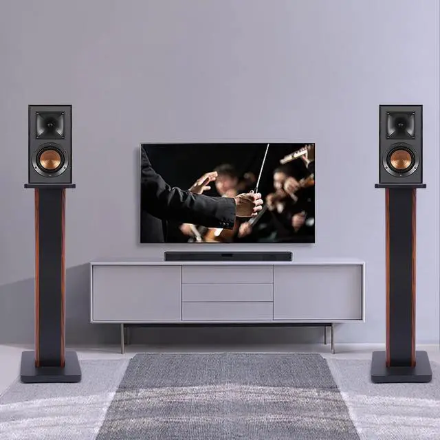 Alt view image 2 of 6 - 28 Inch Speaker Stands Pair, Wood Grain Floor Speaker Stands, Universal Bookshelf Speakers for Home Theater (Yellow Sandalwood)