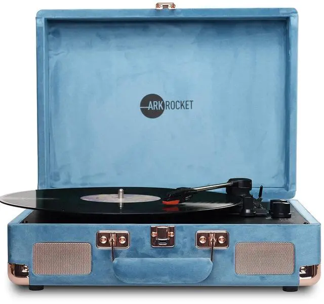 Main image of Curiosity Bluetooth Turntable Retro Suitcase 3-Speed Record Player with Built-in Speakers (Ocean Blue Velvet)