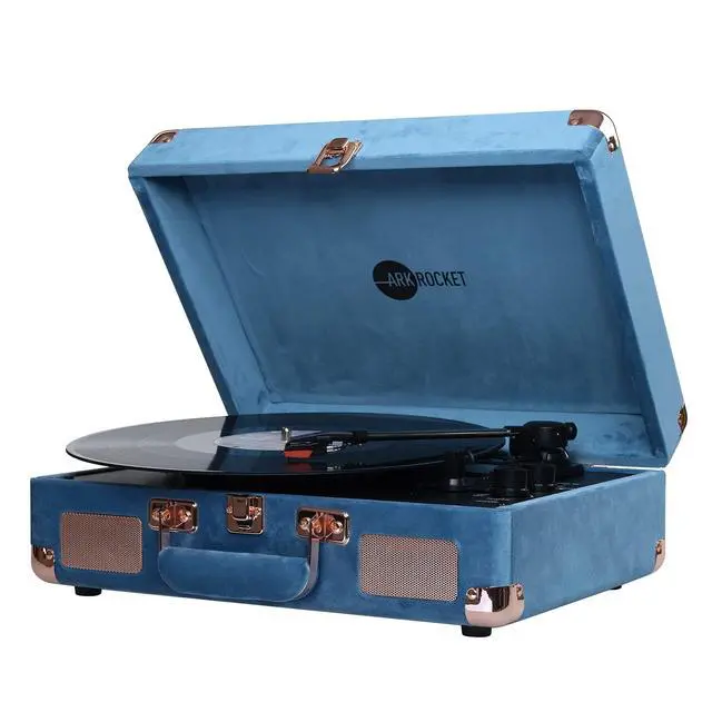 Alt view image 2 of 6 - Curiosity Bluetooth Turntable Retro Suitcase 3-Speed Record Player with Built-in Speakers (Ocean Blue Velvet)