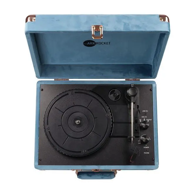 Alt view image 3 of 6 - Curiosity Bluetooth Turntable Retro Suitcase 3-Speed Record Player with Built-in Speakers (Ocean Blue Velvet)