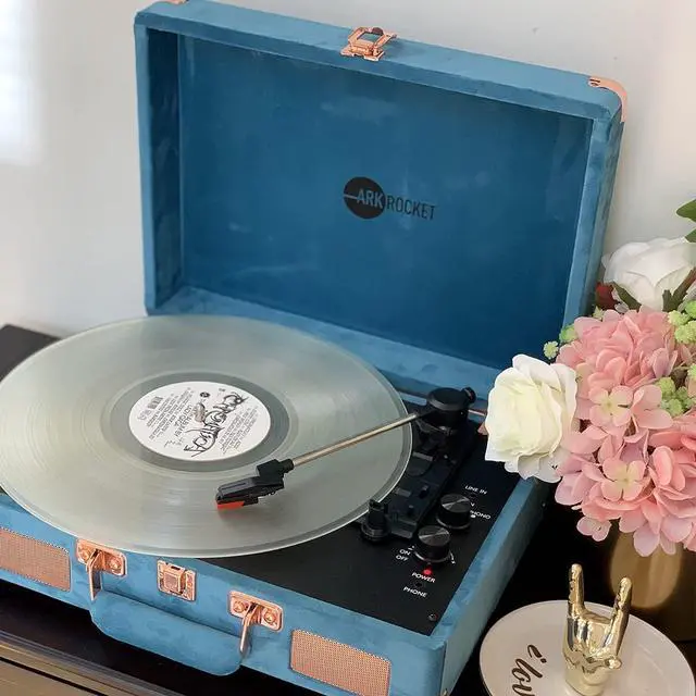 Alt view image 6 of 6 - Curiosity Bluetooth Turntable Retro Suitcase 3-Speed Record Player with Built-in Speakers (Ocean Blue Velvet)