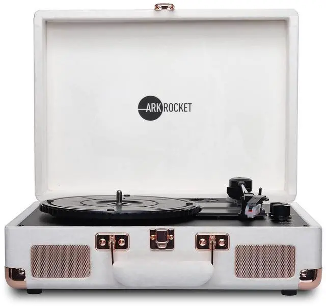 Main image of Curiosity Bluetooth Record Player Retro Suitcase 3-Speed Turntable with Built-in Speakers (Ivory Velvet)
