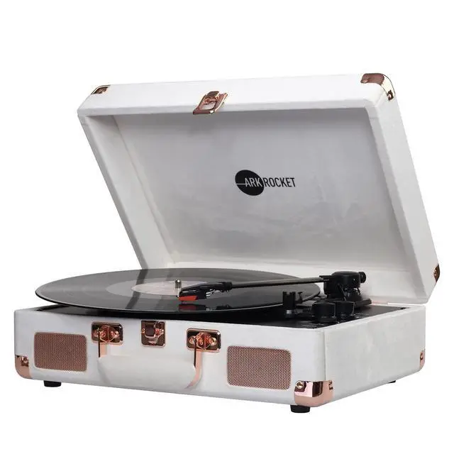 Alt view image 2 of 6 - Curiosity Bluetooth Record Player Retro Suitcase 3-Speed Turntable with Built-in Speakers (Ivory Velvet)