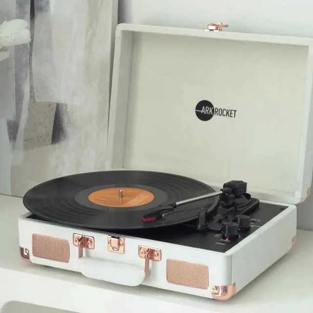 Alt view image 3 of 6 - Curiosity Bluetooth Record Player Retro Suitcase 3-Speed Turntable with Built-in Speakers (Ivory Velvet)