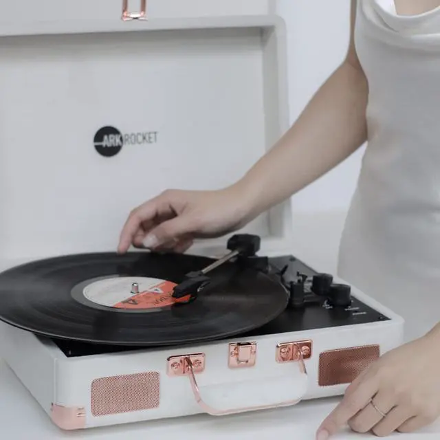 Alt view image 5 of 6 - Curiosity Bluetooth Record Player Retro Suitcase 3-Speed Turntable with Built-in Speakers (Ivory Velvet)