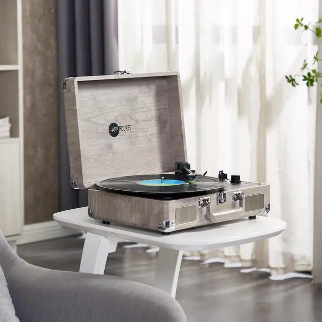 Alt view image 3 of 6 - Curiosity Suitcase Bluetooth Turntable Vintage 3-Speed Record Player with Built-in Speakers Upgraded Turntable Audio Sound (Grey Wood Grain)