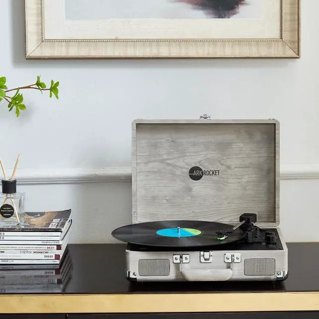 Alt view image 4 of 6 - Curiosity Suitcase Bluetooth Turntable Vintage 3-Speed Record Player with Built-in Speakers Upgraded Turntable Audio Sound (Grey Wood Grain)