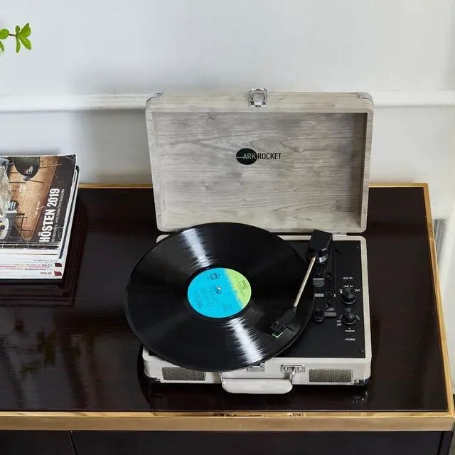 Alt view image 5 of 6 - Curiosity Suitcase Bluetooth Turntable Vintage 3-Speed Record Player with Built-in Speakers Upgraded Turntable Audio Sound (Grey Wood Grain)