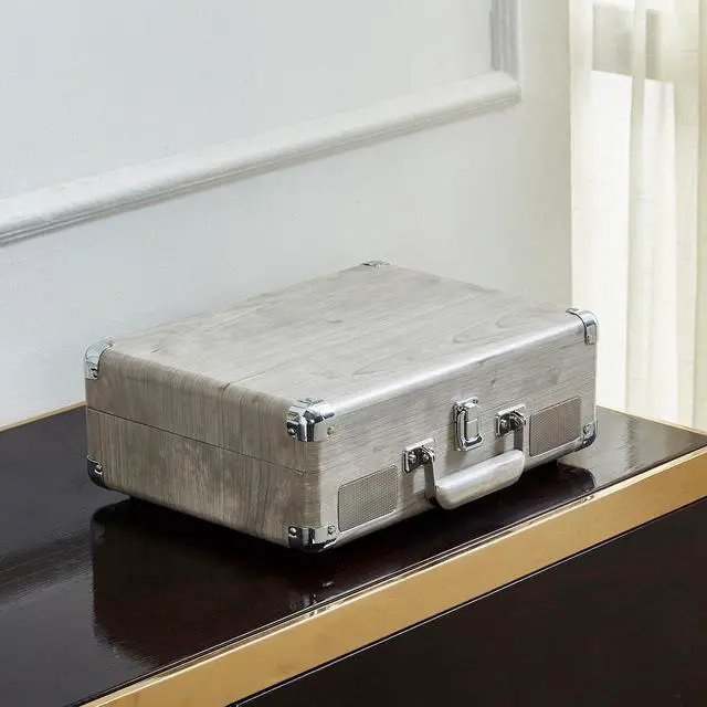 Alt view image 6 of 6 - Curiosity Suitcase Bluetooth Turntable Vintage 3-Speed Record Player with Built-in Speakers Upgraded Turntable Audio Sound (Grey Wood Grain)