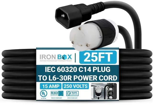 Main image of IronBox Electric - IEC 60320 C14 Plug to L6-30R Connector Power Cord - Rated for 15A/250V/14 AWG - Cable for Server Racks or Data Centers - Ideal for Industrial & Commercial Applications (25 Feet)