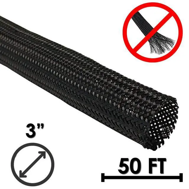 Alt view image 2 of 3 - 3" Industrial Fray Resistant Braid Sleeving Expandable Flexible Cable Mesh Sleeve - 50 Feet - Black