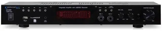 Main image of 1200 Watts Integrated Amplifier with Dual 1/4'' mic inputs with Volume and Echo Controls, USB and SD Card Inputs, Plays.mp3 Files from USB Drives and SD Cards, Display Screen by