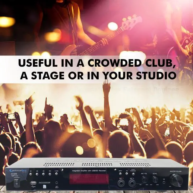 Alt view image 6 of 6 - 1200 Watts Integrated Amplifier with Dual 1/4'' mic inputs with Volume and Echo Controls, USB and SD Card Inputs, Plays.mp3 Files from USB Drives and SD Cards, Display Screen by