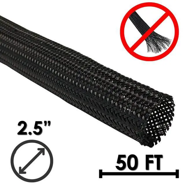 Alt view image 2 of 3 - 2.5" Industrial Fray Resistant Braid Sleeving Expandable Flexible Cable Mesh Sleeve - 50 Feet - Black