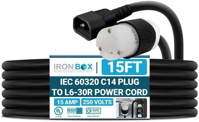Main image of IronBox Electric - IEC 60320 C14 Plug to L6-30R Connector Power Cord - Rated for 15A/250V/14 AWG - Cable for Server Racks or Data Centers - Ideal for Industrial & Commercial Applications (15 Feet)