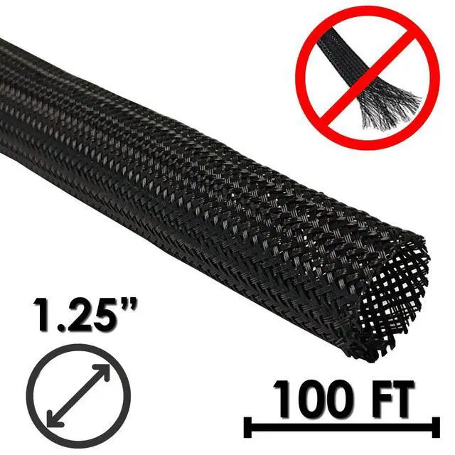 Alt view image 2 of 3 - 1.25" Industrial Fray Resistant Braid Sleeving Expandable Flexible Cable Mesh Sleeve - 100 Feet - Black