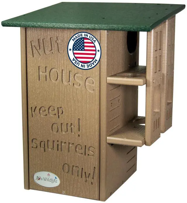 Main image of Ultimate Squirrel House Nesting Box, Multi-Tier Predator Guard Design, Protected Entrance, Recycled Poly Lumber, Ventilation Drainage, Easy Cleanout, Made in USA, Green & Tan