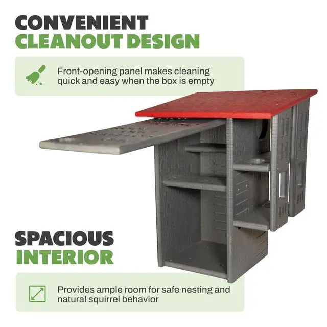 Alt view image 5 of 6 - Ultimate Squirrel House Nesting Box, Multi-Tier Predator Guard Design, Protected Entrance, Recycled Poly Lumber, Ventilation Drainage, Easy Cleanout, Made in USA, Green & Tan