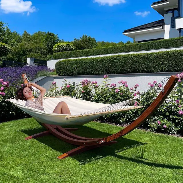 Main image of 13 FT Wooden Hammock with Stand, Outdoor Double Hammock with Wood Stand 2 Person Heavy Duty Hammock and Stand for Outside Backyard, Balcony, Porch, Patio, Garden, 550 lbs Capacity, White