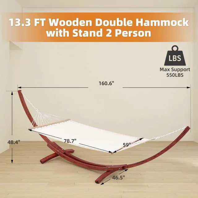 Alt view image 2 of 6 - 13 FT Wooden Hammock with Stand, Outdoor Double Hammock with Wood Stand 2 Person Heavy Duty Hammock and Stand for Outside Backyard, Balcony, Porch, Patio, Garden, 550 lbs Capacity, White