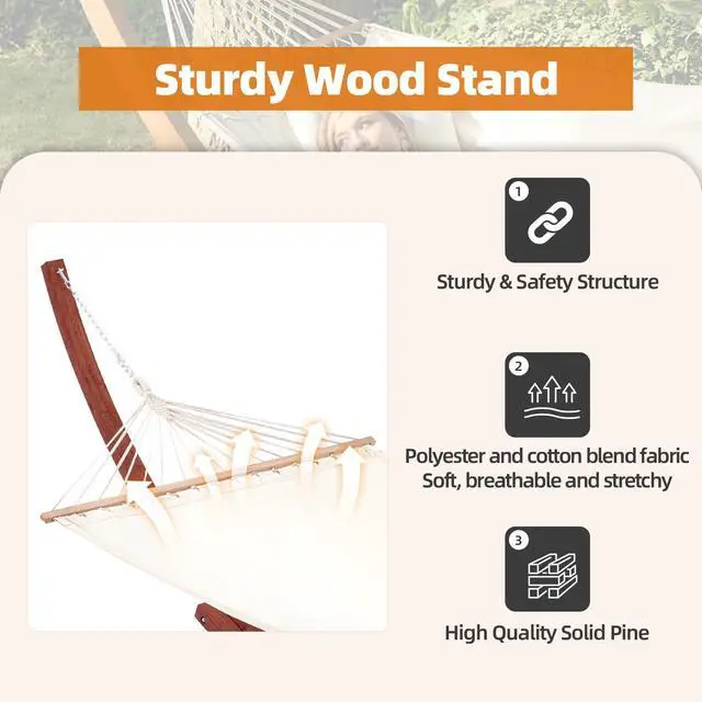 Alt view image 3 of 6 - 13 FT Wooden Hammock with Stand, Outdoor Double Hammock with Wood Stand 2 Person Heavy Duty Hammock and Stand for Outside Backyard, Balcony, Porch, Patio, Garden, 550 lbs Capacity, White