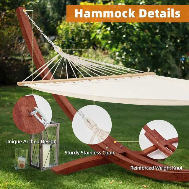 Alt view image 4 of 6 - 13 FT Wooden Hammock with Stand, Outdoor Double Hammock with Wood Stand 2 Person Heavy Duty Hammock and Stand for Outside Backyard, Balcony, Porch, Patio, Garden, 550 lbs Capacity, White