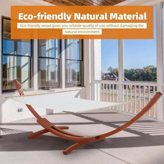 Alt view image 5 of 6 - 13 FT Wooden Hammock with Stand, Outdoor Double Hammock with Wood Stand 2 Person Heavy Duty Hammock and Stand for Outside Backyard, Balcony, Porch, Patio, Garden, 550 lbs Capacity, White