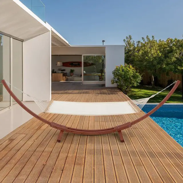 Alt view image 6 of 6 - 13 FT Wooden Hammock with Stand, Outdoor Double Hammock with Wood Stand 2 Person Heavy Duty Hammock and Stand for Outside Backyard, Balcony, Porch, Patio, Garden, 550 lbs Capacity, White
