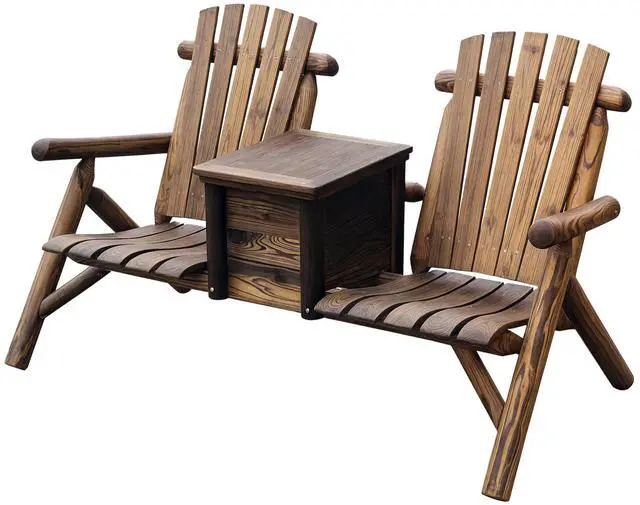 Main image of Double Wooden Adirondack Chair with Ice Bucket, Outdoor Loveseat with High Backrest, Smooth Armrest, Rustic Brown
