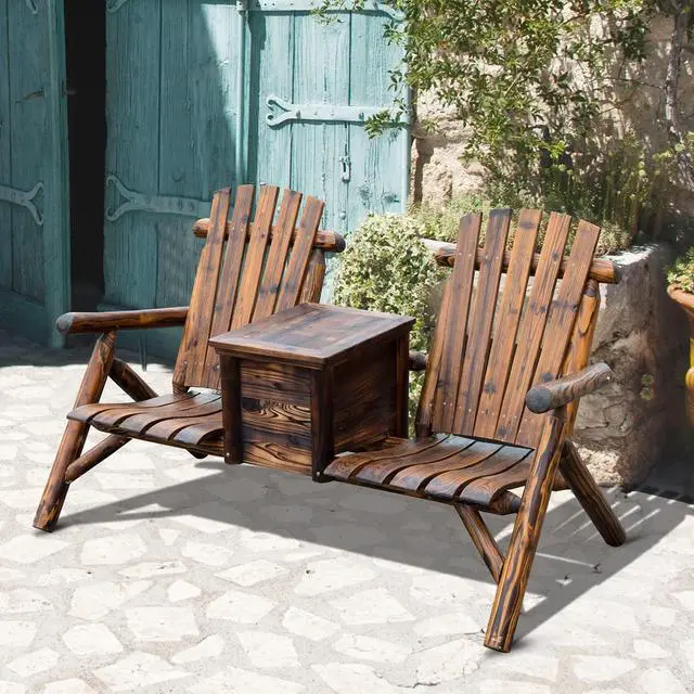 Alt view image 2 of 6 - Double Wooden Adirondack Chair with Ice Bucket, Outdoor Loveseat with High Backrest, Smooth Armrest, Rustic Brown