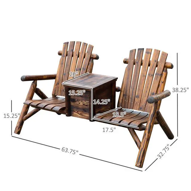 Alt view image 3 of 6 - Double Wooden Adirondack Chair with Ice Bucket, Outdoor Loveseat with High Backrest, Smooth Armrest, Rustic Brown
