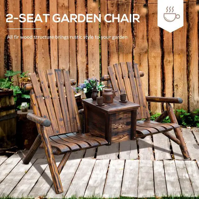 Alt view image 4 of 6 - Double Wooden Adirondack Chair with Ice Bucket, Outdoor Loveseat with High Backrest, Smooth Armrest, Rustic Brown