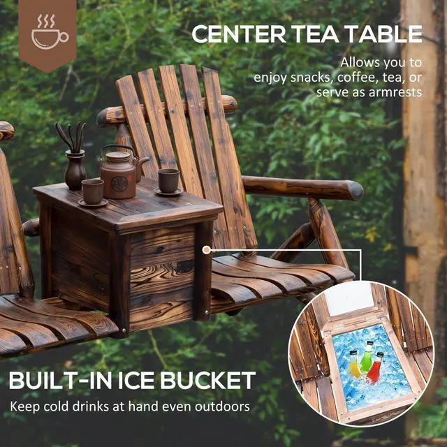 Alt view image 5 of 6 - Double Wooden Adirondack Chair with Ice Bucket, Outdoor Loveseat with High Backrest, Smooth Armrest, Rustic Brown