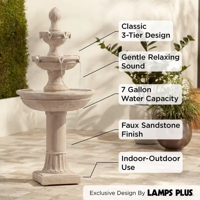 Alt view image 3 of 6 - Stafford 48" High Large Traditional Italian Indoor Outdoor Decor Faux Stone Floor Fountain Waterfall 3-Tier Standing Basin Water Feature for Outside Garden Patio Yard Backyard Porch