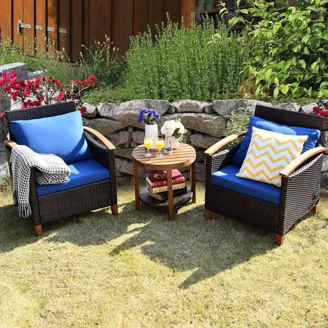 Alt view image 2 of 6 - 3 Pieces Patio Furniture Set, Outdoor Rattan Sofa and Side Table w/Solid Acacia Wood Frame, High Load Bearing Conversation Bistro Set w/Washable and Removable Cushions (Navy Blue)