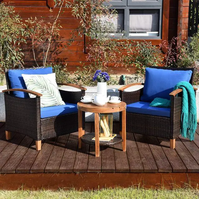 Alt view image 3 of 6 - 3 Pieces Patio Furniture Set, Outdoor Rattan Sofa and Side Table w/Solid Acacia Wood Frame, High Load Bearing Conversation Bistro Set w/Washable and Removable Cushions (Navy Blue)
