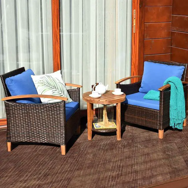 Alt view image 4 of 6 - 3 Pieces Patio Furniture Set, Outdoor Rattan Sofa and Side Table w/Solid Acacia Wood Frame, High Load Bearing Conversation Bistro Set w/Washable and Removable Cushions (Navy Blue)
