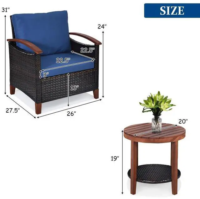 Alt view image 5 of 6 - 3 Pieces Patio Furniture Set, Outdoor Rattan Sofa and Side Table w/Solid Acacia Wood Frame, High Load Bearing Conversation Bistro Set w/Washable and Removable Cushions (Navy Blue)