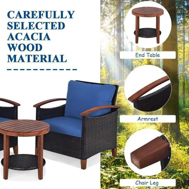 Alt view image 6 of 6 - 3 Pieces Patio Furniture Set, Outdoor Rattan Sofa and Side Table w/Solid Acacia Wood Frame, High Load Bearing Conversation Bistro Set w/Washable and Removable Cushions (Navy Blue)